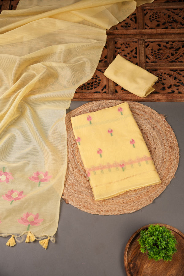 A Freakin Lotus Yellow Jamdani Muga Silk Unstitched Suit Set